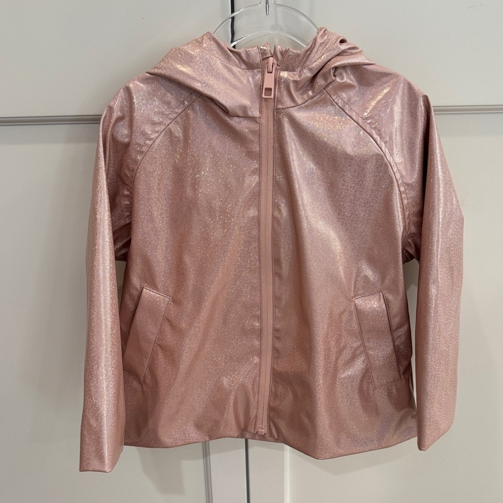 ZARA Girls Shiny Water Repellent Hooded Raincoat Pink Metallic Size 4